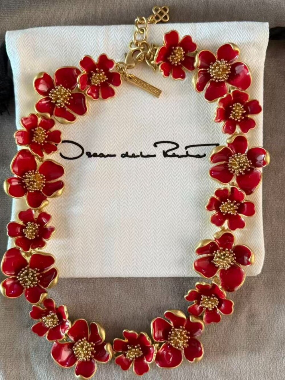 Oscar de la Renta Red Enamel Flower Statement Necklace